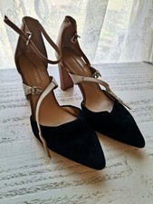 Antonio Melani Block Heel Pointed Toe Ankle Strap Buckle Pumps Black Beige White