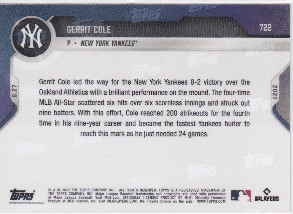 2021 TOPPS NOW #722 GERRIT COLE- NEW YORK YANKEES - Image 2 of 2