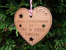 Personalised First Chritmas as Mr Mrs Christmas Tree Bauble Heart Decoration