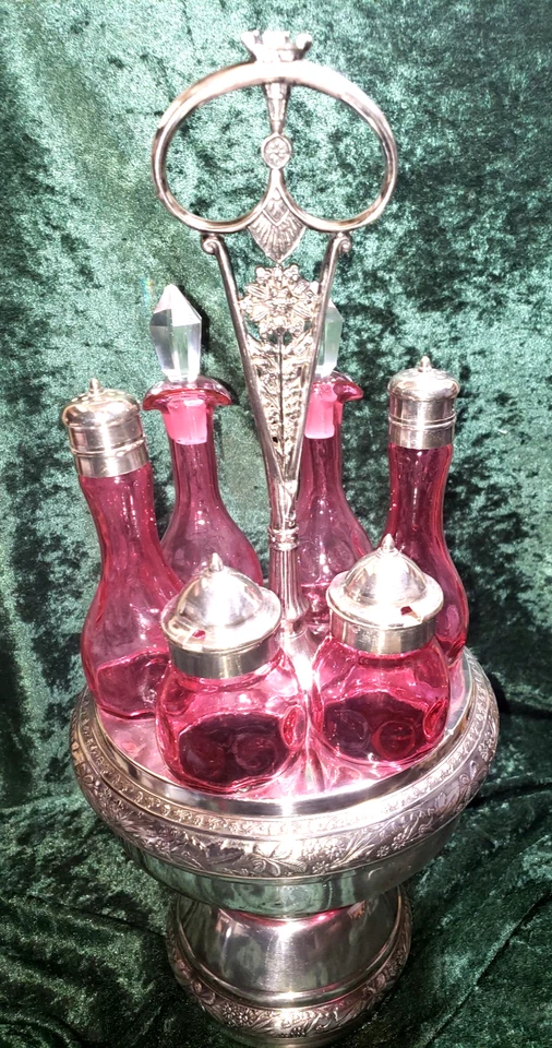 Antiguo juego de 6 botellas de arándano con huella digital Shrade Caddy Cruet Foto 2 de 4