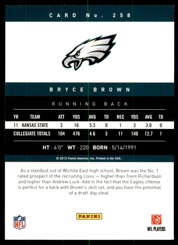 2012 Panini Prestige Bryce Brown Rookie Football Cards #258 - Image 2 of 2