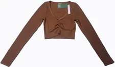 Wild Fable Womens Brown V-Neck Ruched-Front Ribbed Long Sleeve Crop Top XS NWT