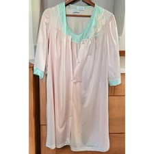 Vintage Lorraine Pink Mint Green 2 pc Nightgown and Robe Medium Floral Nylon