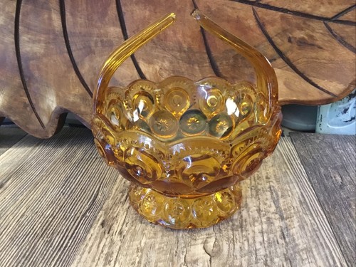 LE Smith Moon and Stars Small Amber Basket Open Handle Fall Autumn Candy Dish