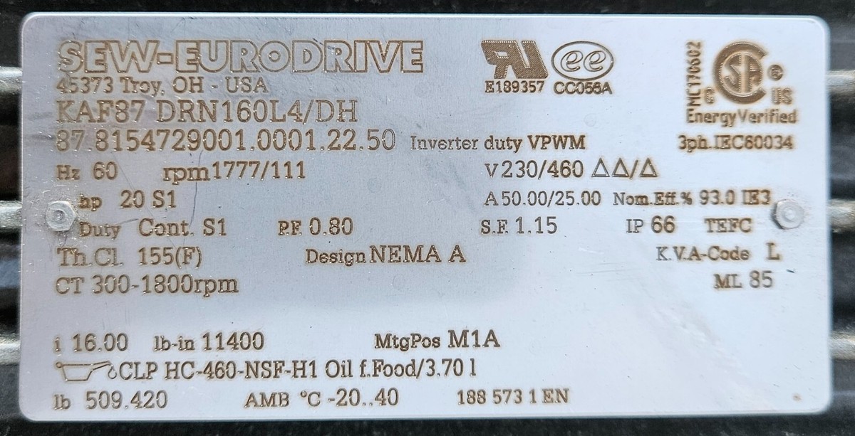 Sew Eurodrive KAF87 DRN160L4/DH Gear Motor Drive / Speed Sew Eurodrive KAF87 DRN160L4/DH Gear Motor Drive / Speed