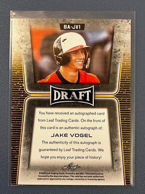 2020 Leaf Draft Jake Vogel Auto #BA-JV1 RC Los Angeles Dodgers