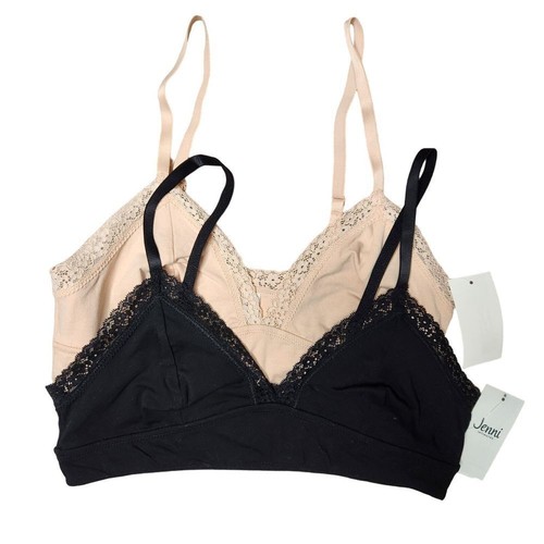 Jenni On Repeat Wide Lace Trim Cotton Bralette Size Medium Set of 2 Nude & Black