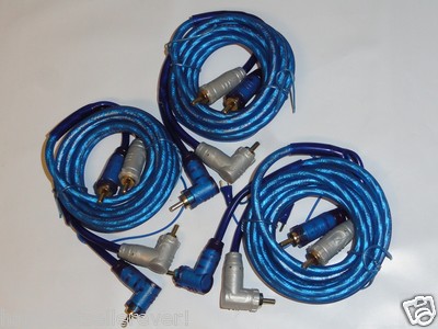 3 Pack RCA Audio Cable Cables 12 Feet Right Angle Amplifier Blue Remote Wire