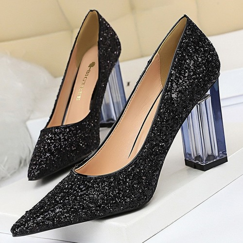Scarpe con tacco alto cristallo paillettes donna scarpe da sposa tacco grosso decolte a punta - Foto 7 di 26