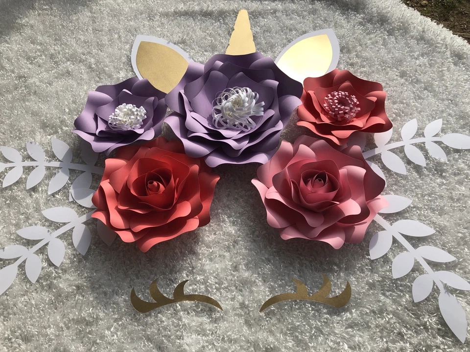 ЕДИНОРОГ бумаги цветы набор из 6 с листьями, фон, единорог вечеринки, спальня - Изображение 2 из 4