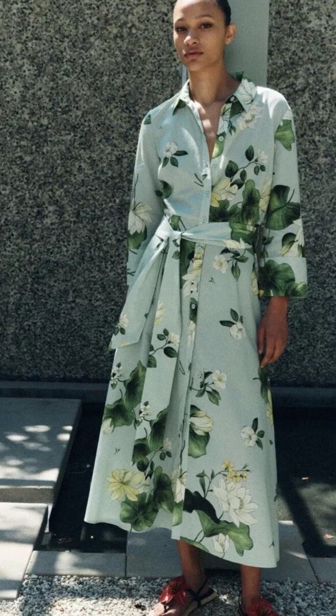 ZARA SS24 MIDI BELTED ZW COLLECTION FLORAL SHIRT DRESS BLUE ZARA SS24 MIDI BELTED ZW COLLECTION FLORAL SHIRT DRESS BLUE