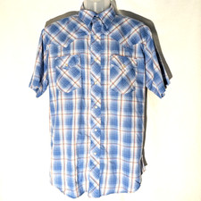 Wrangler Pearl Snap Short Sleeve Western Shirt, Large, Blue Vintage Cowboy Plaid