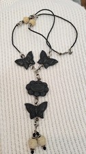 1980s Black Cinnabar Butterfly Cloud Necklace Hand Carved Statement Jewelry