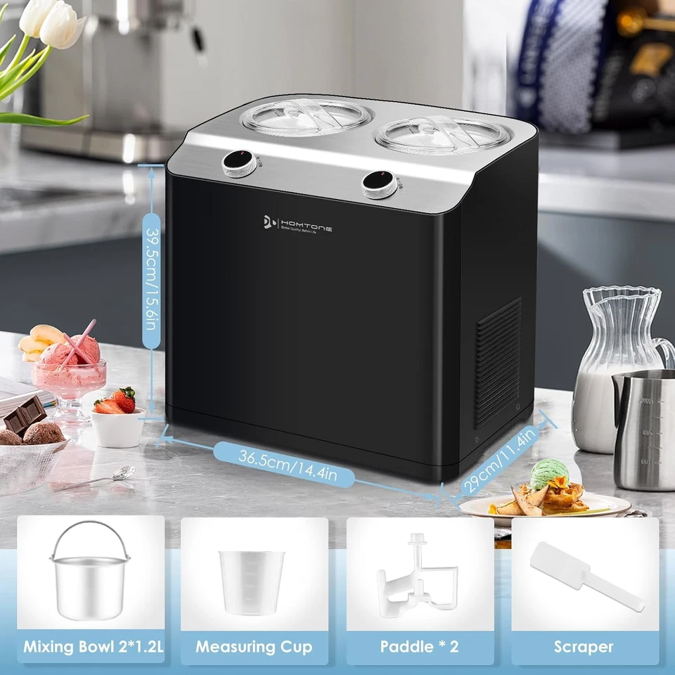 Homtone 2.6QT 2 Flavor Ice Cream Maker Automatic Compressor Machine w/ 2 Bowls - Image 2 of 4
