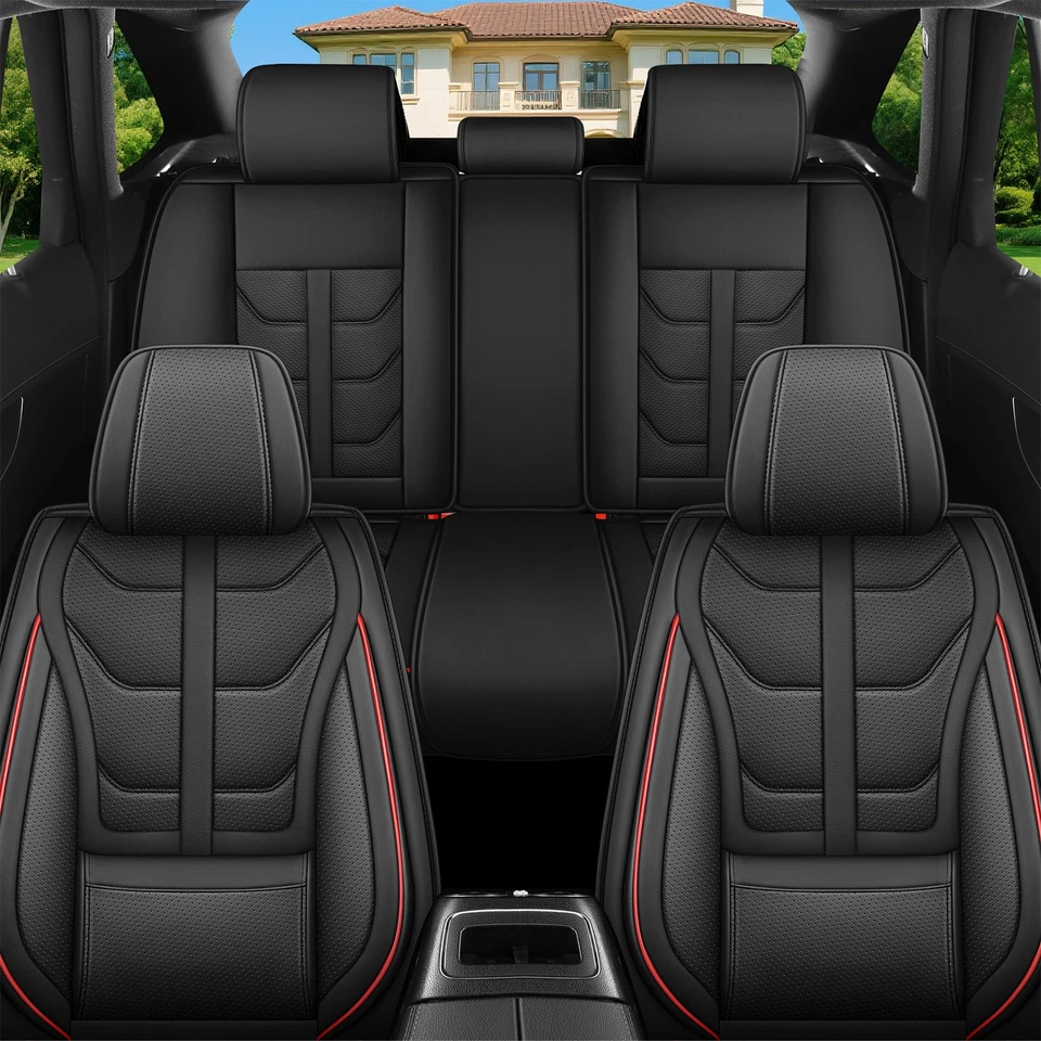 Universal Sport Style Nappa Leather Car Seat Cover with Lumbar Support Full Set Foto 3 de 4