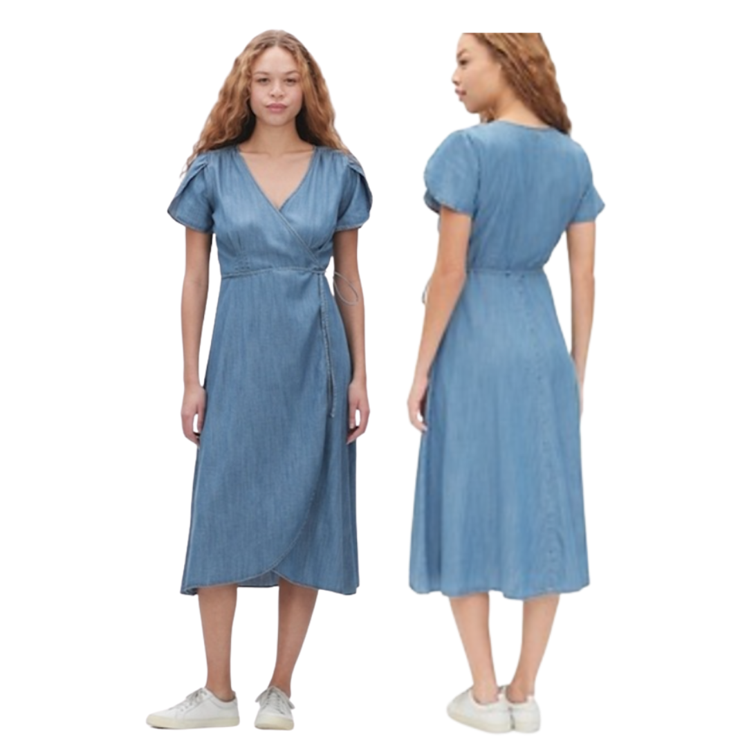 Gap Denim Midi Wrap Dress Women's Sz S Medium Indigo Blue Short Sleeve V-Neck