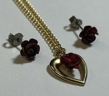 Rose Jewelry Set, Earrings, 18  Necklace  Pendant, Gold Tone, Roses, Floral