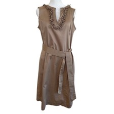 Talbots Petites Tan Khaki Ruffle Neck Sleeveless Belted Sheath Dress 10P