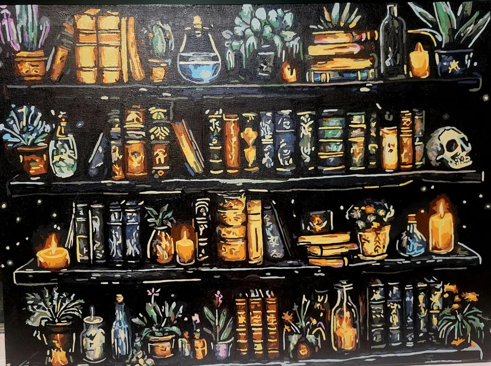 Pintura completa y enmarcada 12x16 por números "Librería embrujada" con comadreja Foto 4 de 4