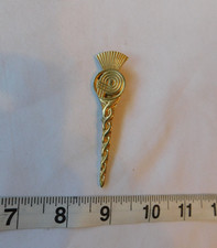 Vintage Scottish Kilt Pin Gold Tone Thistle Emblem with Celtic Knot Spiral Brooc
