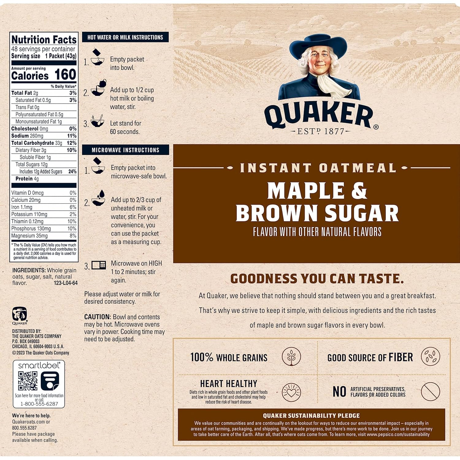 Quaker Instant Oatmeal, Maple & Brown Sugar, Individual Packets, (Pack of 48)