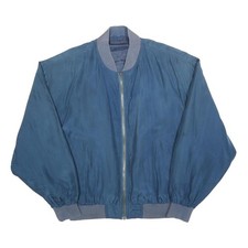 Mens Blue Silk Zip Jacket M Plain Classic Bomber Style Lightweight