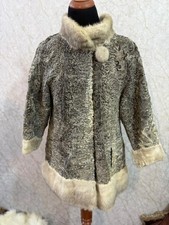Vintage Genuine Persian Lamb Fur Coat with Mink Fur Trim  Grey Beige  Size L  X