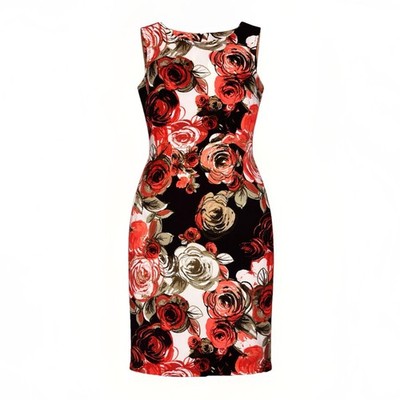 Connected Apparel Dress Womens 6 Floral Sheath Sleeveless Black Red Stretch