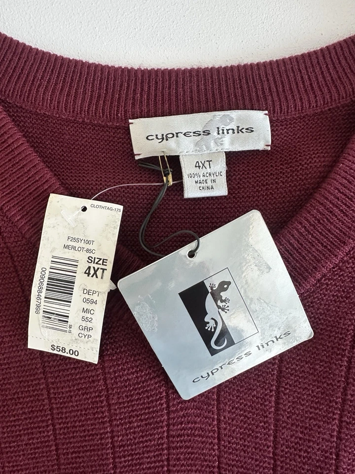 NWT! VTG Style Golf Sweater Vest by Cypress Links, Sz: 4XT  Merlot (b24) - Image 4 of 4