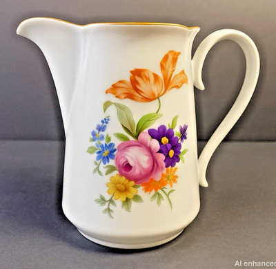Floral Porcelain Pitcher w/ Gold Trim by JL Menau GDR MCM Cottagecore Vase Decor