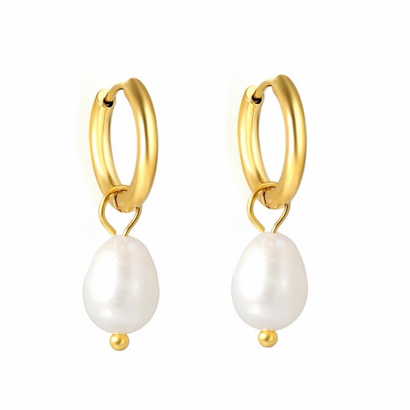 18K Gold Plated Freshwater Pearl Hoop Earrings Hypoallergenic Stainless Steel