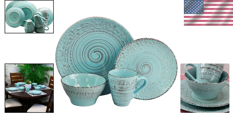 Juego de vajilla de gres 16 piezas patrón turquesa océano apto para lavavajillas Foto 2 de 4
