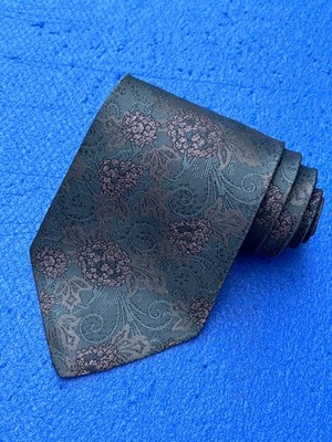 Authentic LANCEL Flowers Design On Blue Gray 100% Silk Necktie Tie