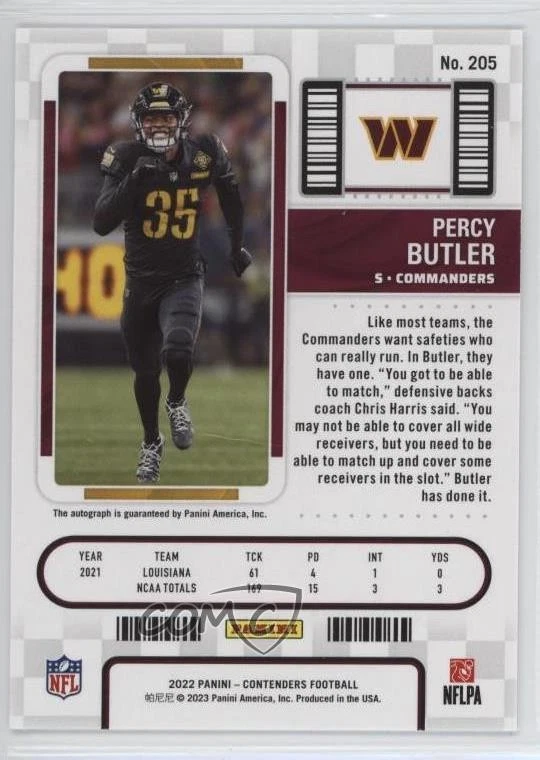 2022 Panini Contenders Rookie Ticket Percy Butler #205 Rookie Auto RC - Image 2 of 3