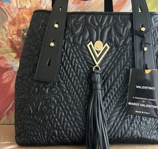 VALENTINO Mario Valentino Black Leather Tote Handbag Quilted Tassel Italy NWT