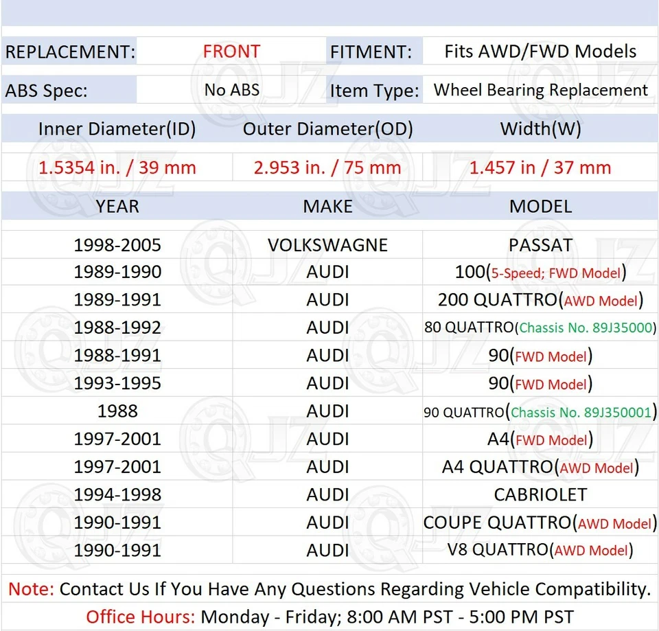 [DELANTERO (cantidad 1)] Cojinete para Audi 200 Quattro 1989-1991 AWD con eje estándar Foto 2 de 4