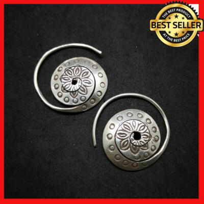 Fine 925 Silver Earrings Vintage Spiral Coil Flower dot engraved