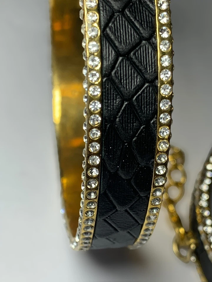 CC Skye Black Quilted Leather Rhinestone Eternity Gold Tone Bangle Bracelets - Image 2 of 4