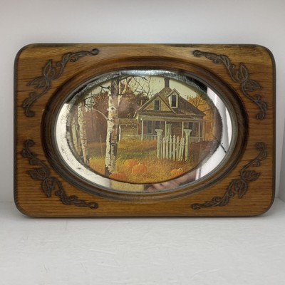 Vintage Wood Framed Mirror Picture A House in Autumn Woods Reflective Art