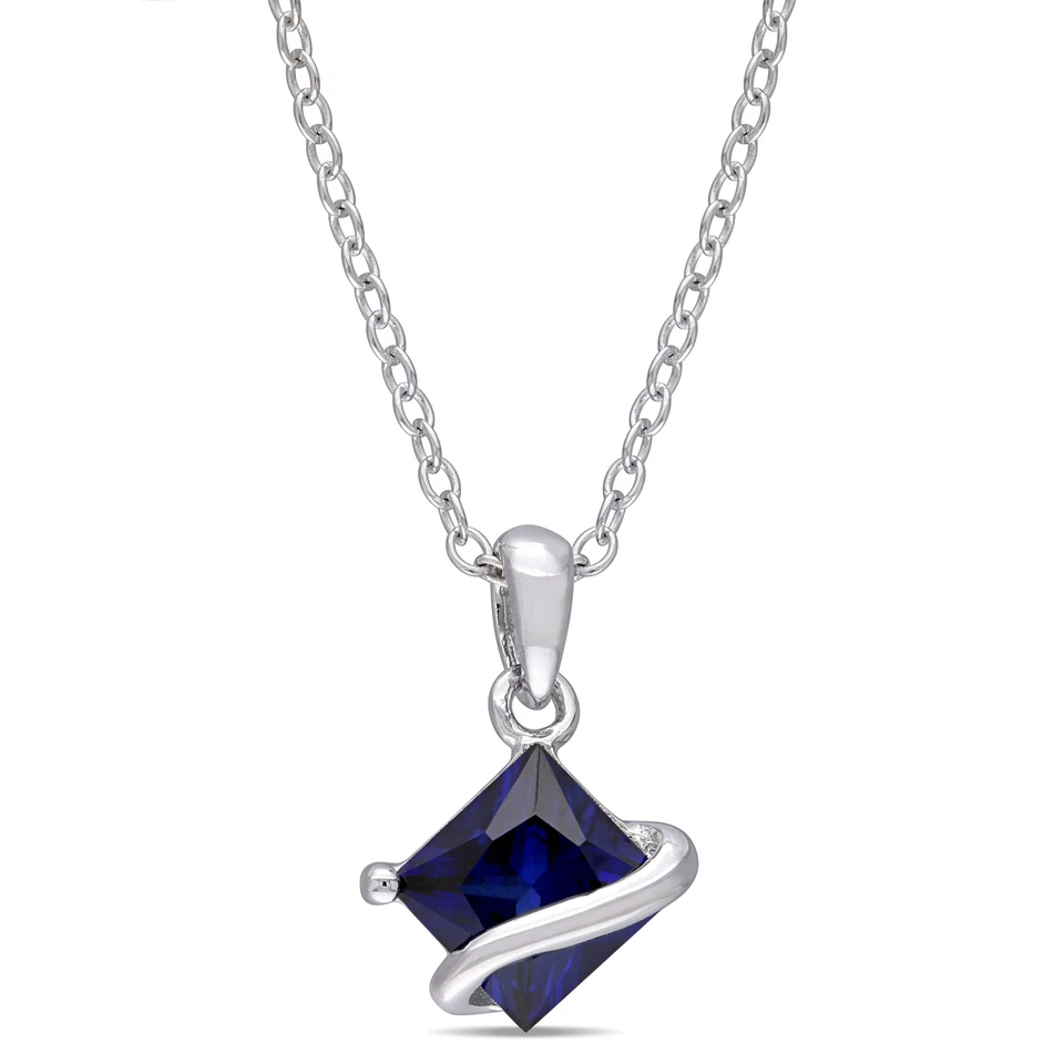 Amour Sterling Silver 1 1/3CT TGW Square-Cut Created Blue Sapphire Pendant, 18"