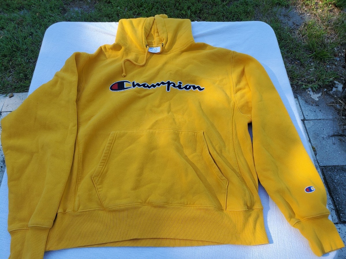 Champion Reverse Weave Hoodie Mens Large Yellow Long Sleeve