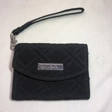 Vera Bradley Black Quilted Small Wallet 6 Pockets Snap Zip ID EUC Wrist strap