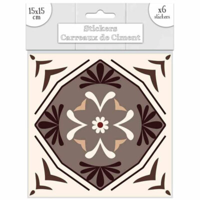 Pack de 6 stickers pour carrelage imitation carreaux ciment noir et blanc 15 cm x 15 cm