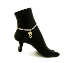 Womens Girls Stone Filled Initial Letter 10" Flat Figaro Chain Anklet AKF155