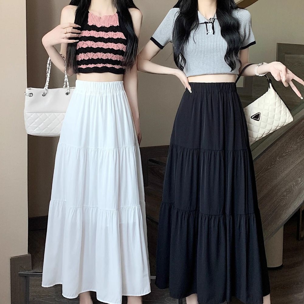 Womens Summer Boho Maxi Skirt Elastic Waist Pleated A-Line Flowy