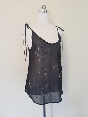Gorman Black Silk Sheer Singlet Size S With Silver Sequin Stars & Tie Straps - Picture 7 of 10
