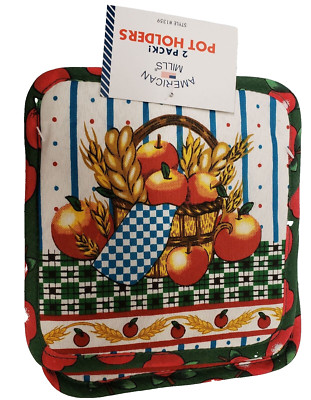 SET OF 2 SAME PRINTED POT HOLDERS, 7'' x 7'', APPLES & WHEAT IN THE BASKET, AM