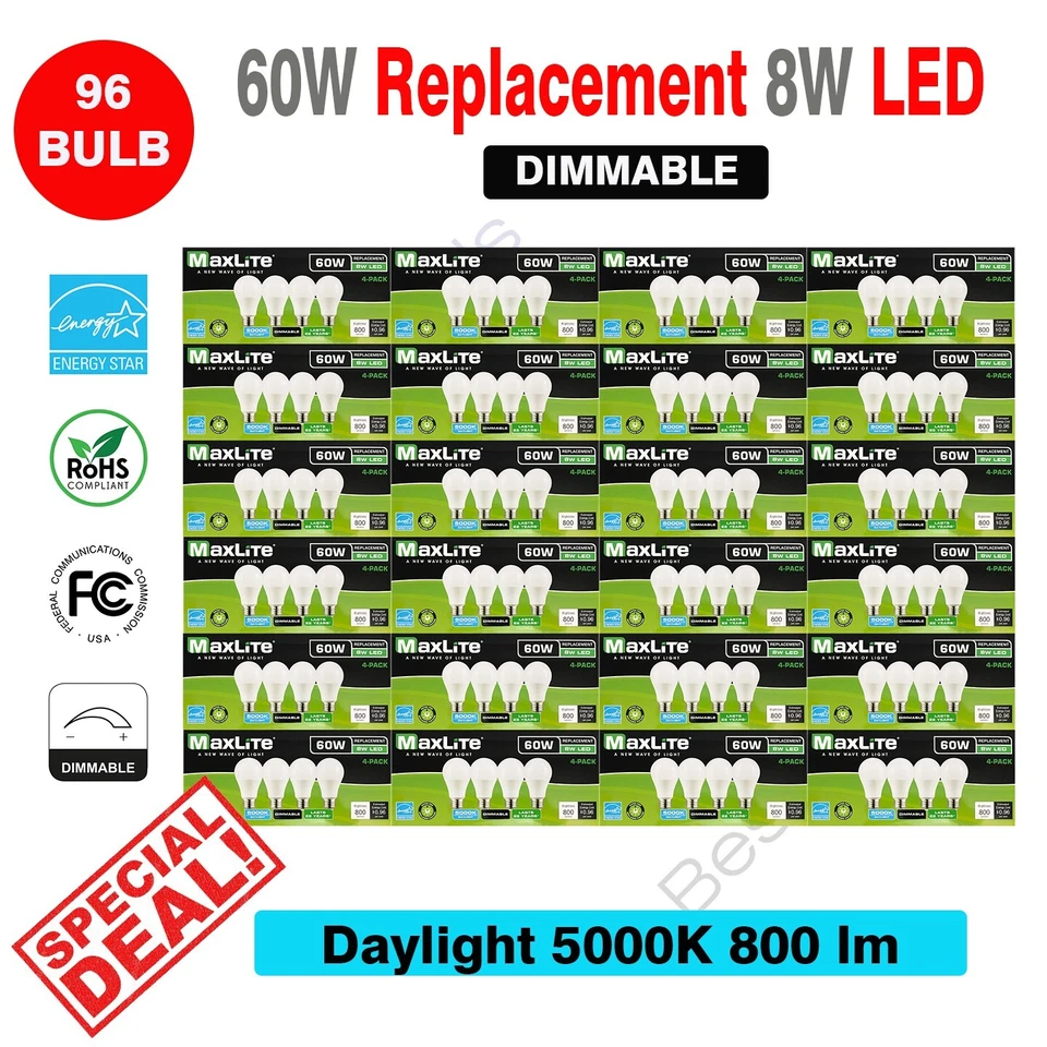96 Pack Maxlite Dimmable LED 8W Daylight Light Bulb A19 60W replacement 5000K