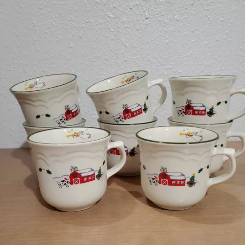 Pfaltzgraff 8 Snow Village Christmas Mug Coffee Tea Cup Stoneware Barn Cow Angel