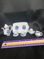 Miniature Hand painted Porcelain 10 Piece Tea Set/Thailand Blue On White
